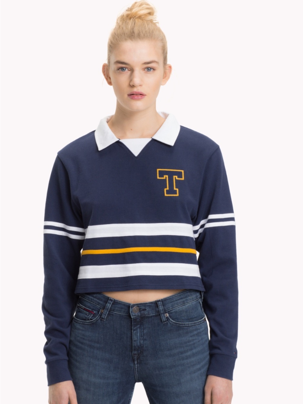 Tommy Hilfiger Navy Cropped Polo Sweatshirt with White & Gold Stripes